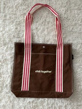 Brown Canvas Tote Bag with Pink-Striped Handles -Stick Together